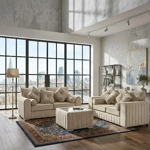 Lilly Cream Velvet 2 and 3 Seater Sofa Set with Matching Footstool — Luxury Fluted Design | Sofas | UK
