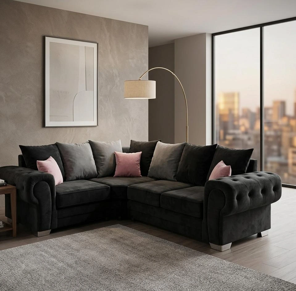 Verona 4 Seater Fabric Corner Sofa Black - Sofas furniture in UK