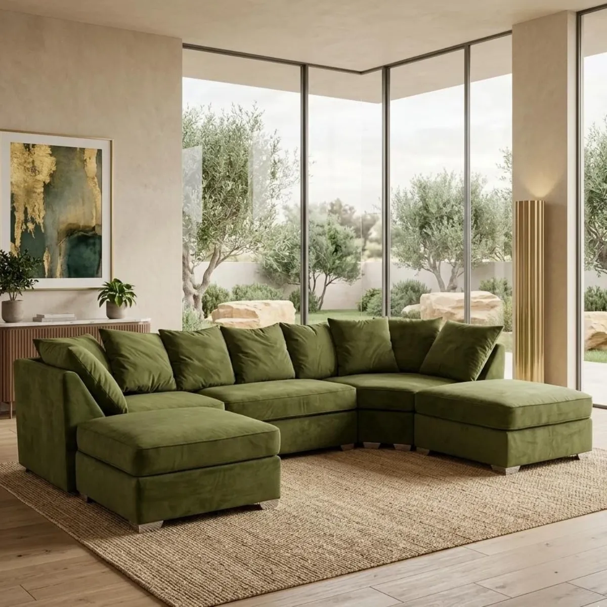 Modern Olive Green U-Shape Sofa with Double Chaises – Free UK & Cash on Delivery - Sofas furniture in UK