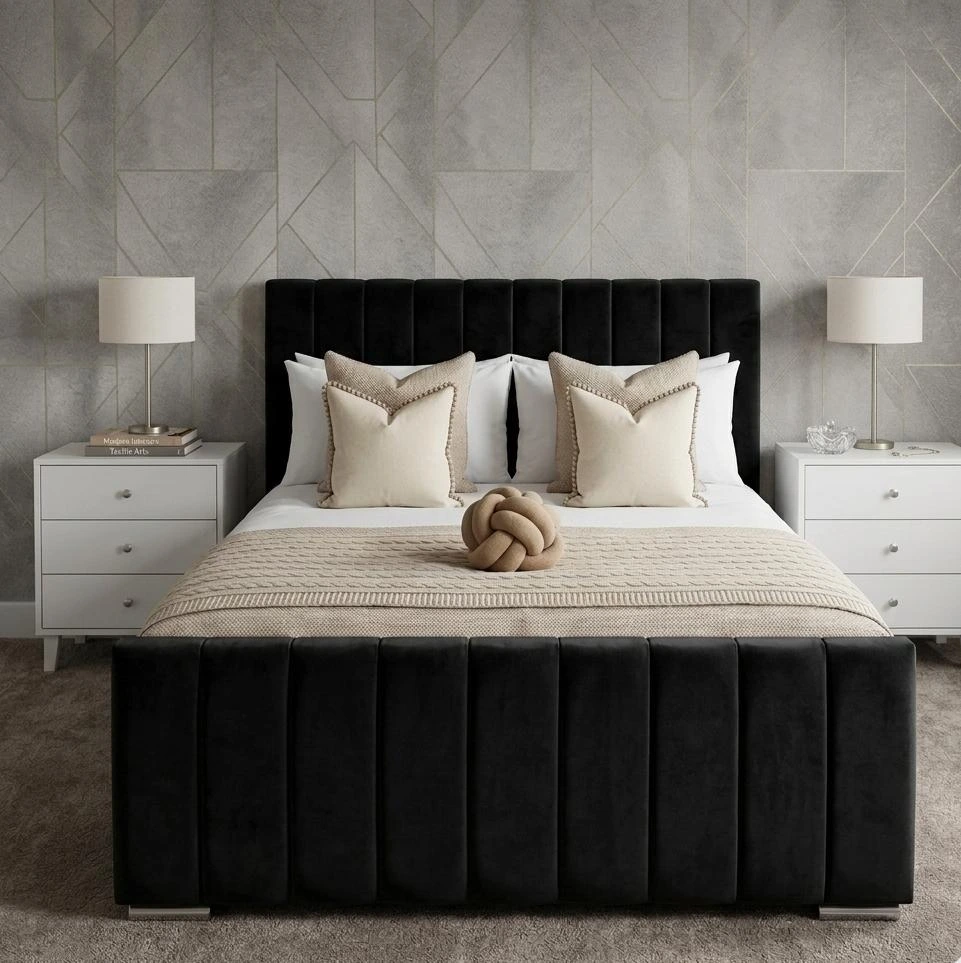 King Size Black Plush Velvet Vertical Panel Bed Frame with Mattress - Beds furniture in UK