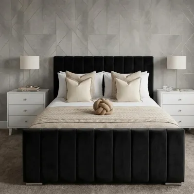 King Size Black Plush Velvet Vertical Panel Bed Frame with Mattress – panel bed for the bedroom