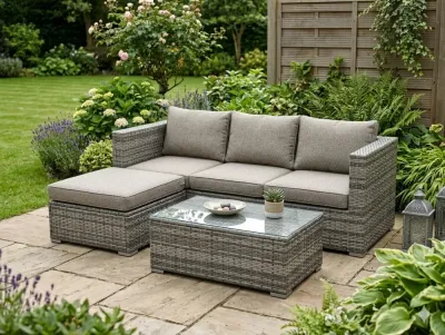Stylish Rattan Sofa Set with Stool & Table in Grey – garden furniture set for the garden