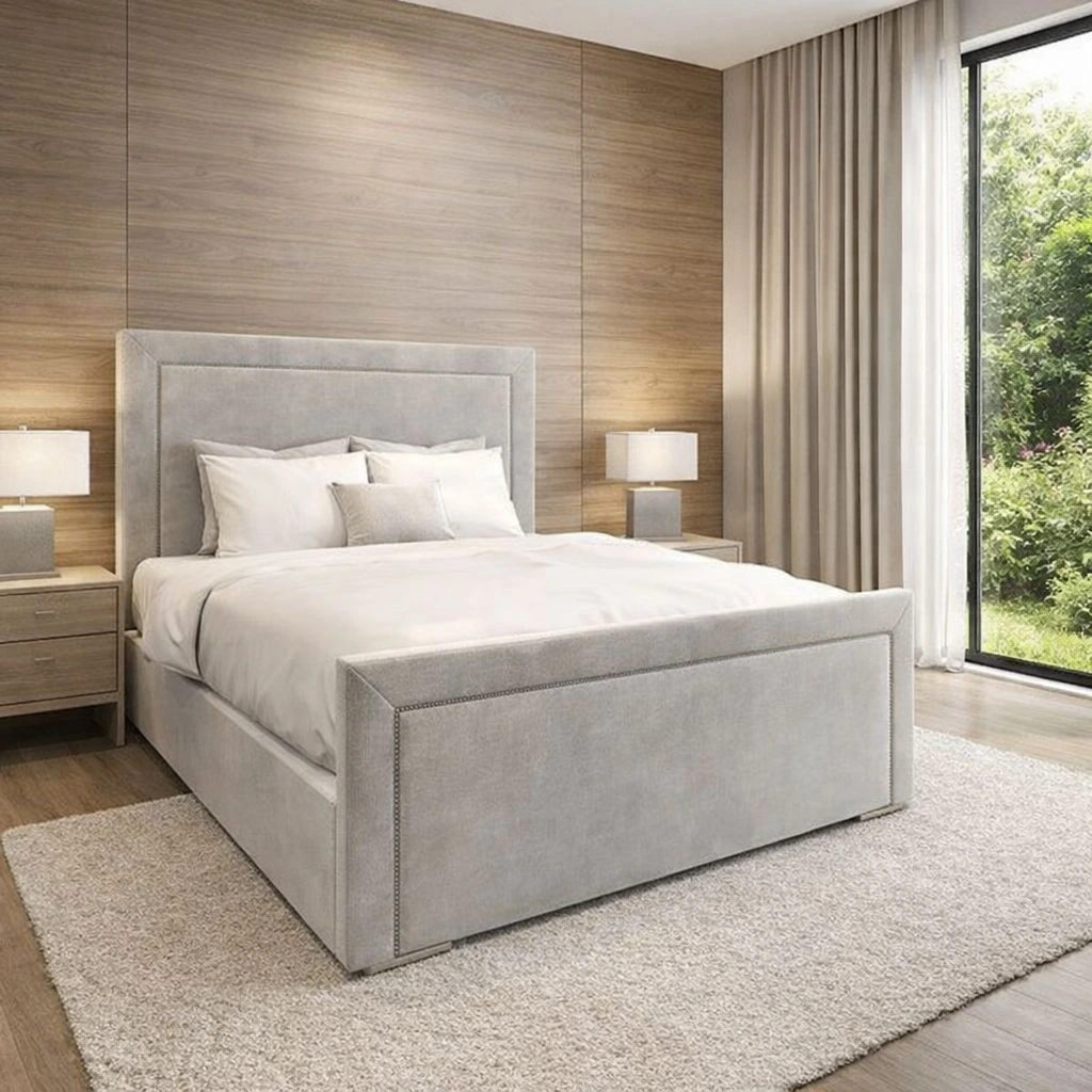 Chelsea High-Profile Silver Studded Double Bed Set (with Premium Mattress) - Beds furniture in UK