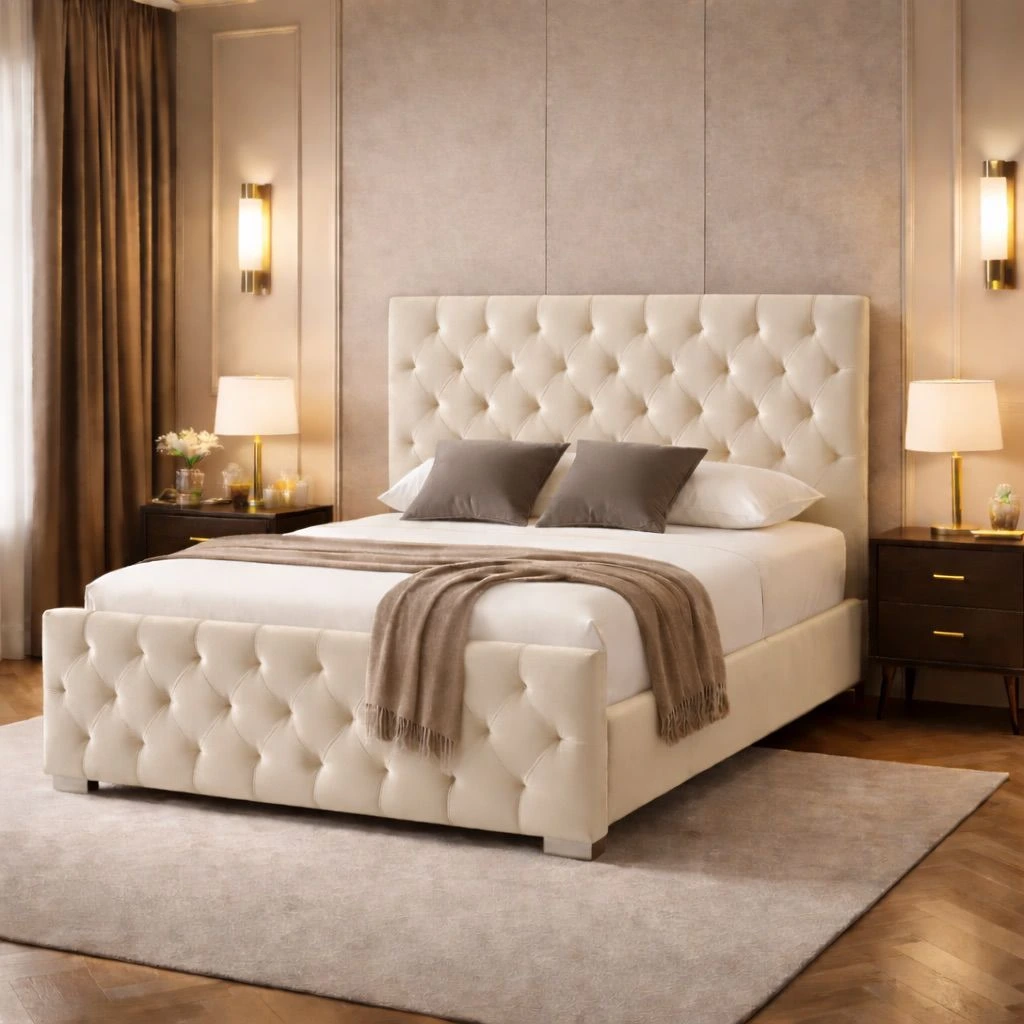 Florida Luxury Cream Double Chesterfield Fabric Bed Set with Mattress - Beds furniture in UK