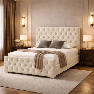 Florida Luxury Cream Double Chesterfield Fabric Bed Set with Mattress – Chesterfield bed for the bedroom