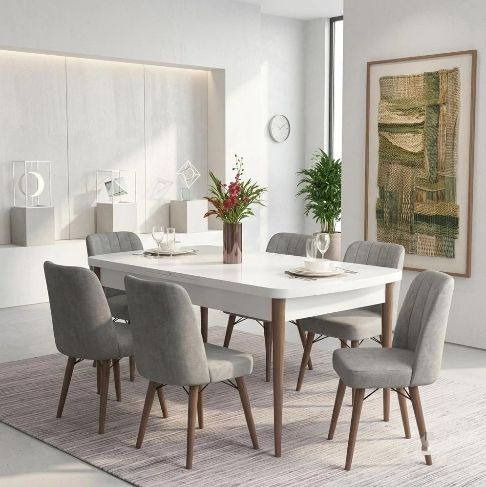 Scandinavian Style White Dining Table with 6 Grey Upholstered Chairs Set - Dining furniture in UK