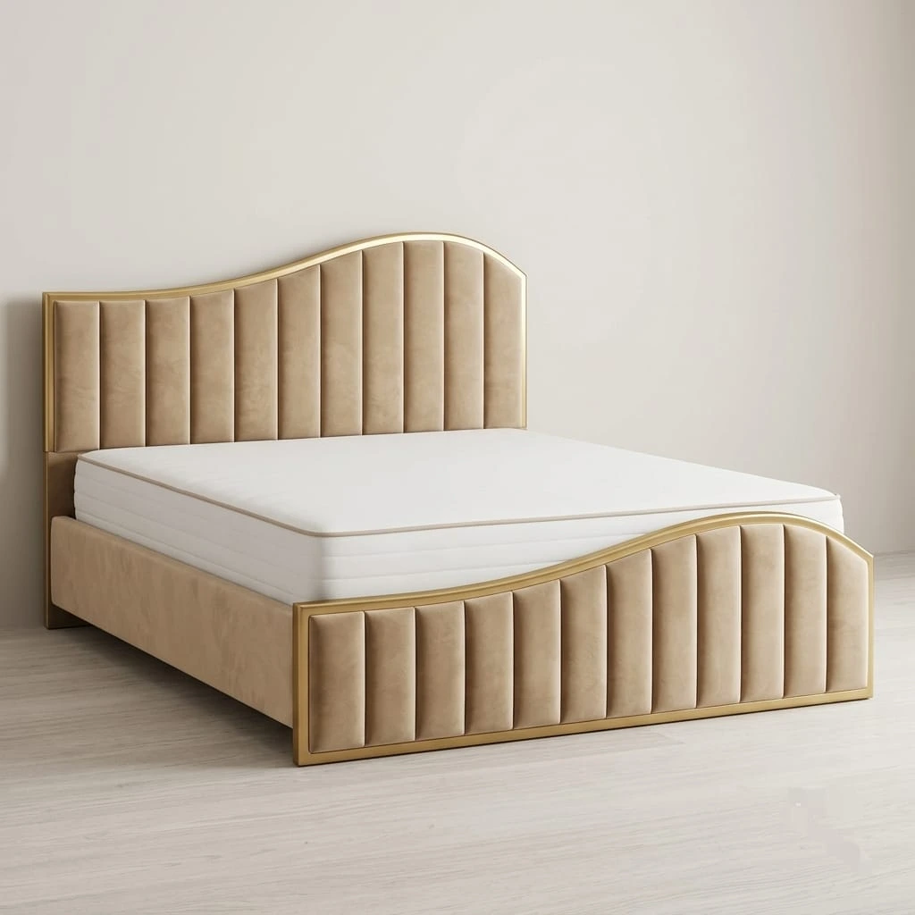 Golden Wave Fluted Beige Velvet Double Bed with Mattress - Beds furniture in UK