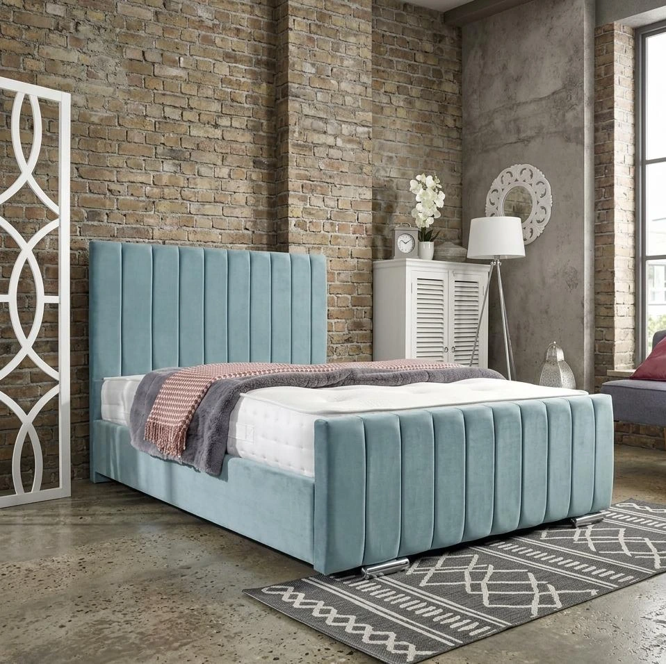 King Size Duck Egg Plush Velvet Vertical Panel Bed Frame with Mattress - Beds furniture in UK