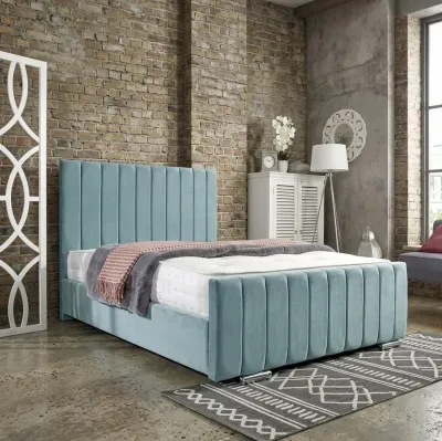 King Size Duck Egg Plush Velvet Vertical Panel Bed Frame with Mattress – panel bed for the bedroom