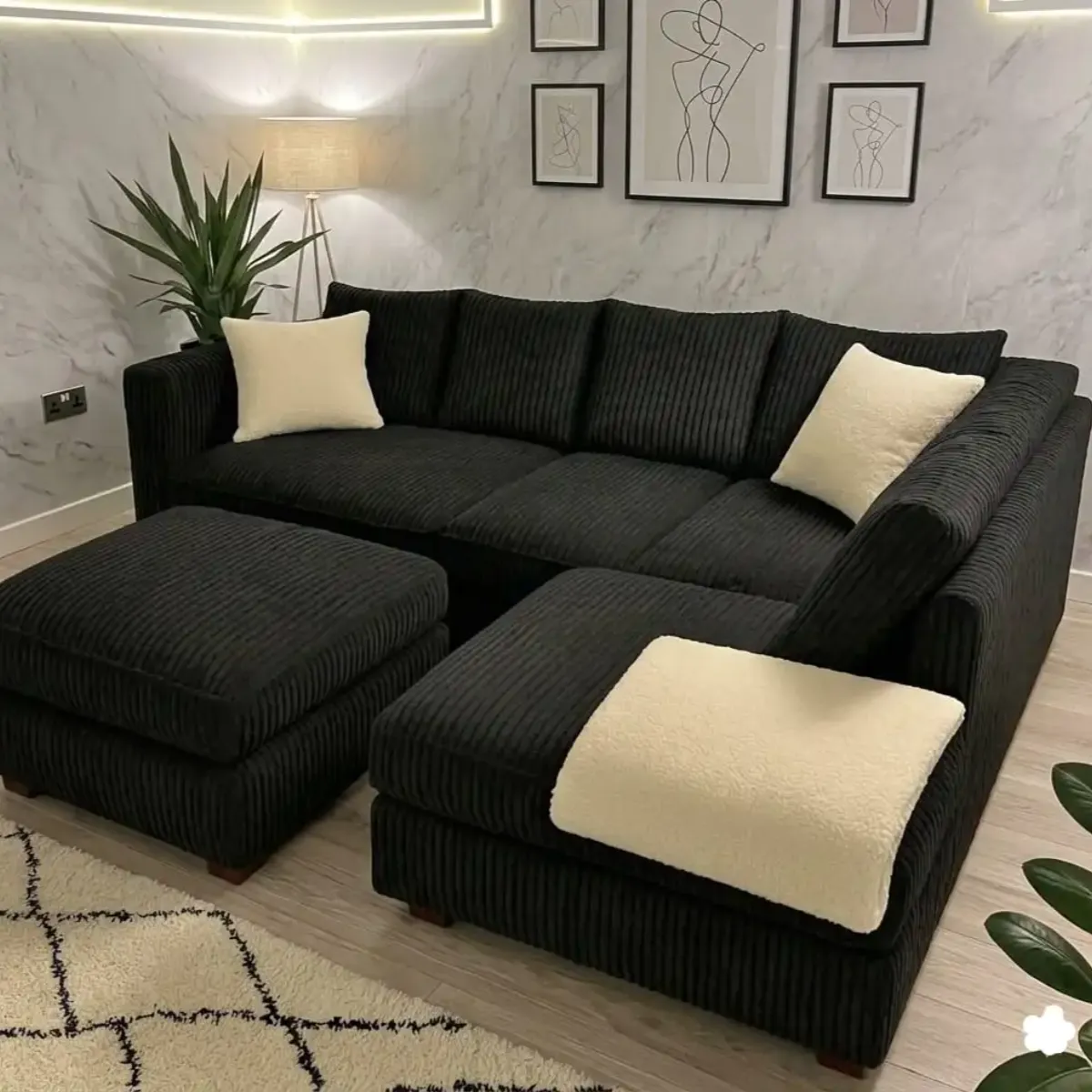 Dylan Black Jumbo Cord 4 Seater Corner Sofa with Matching Footstool - Modern Living Room Set | Sofas | UK