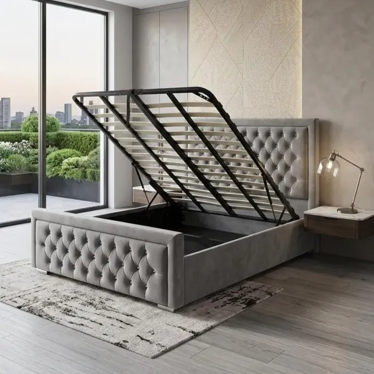 Hilton Grey Velvet Double Ottoman Gas Lift Storage Bed — Luxury Chesterfield Wingback Design - Beds furniture in UK
