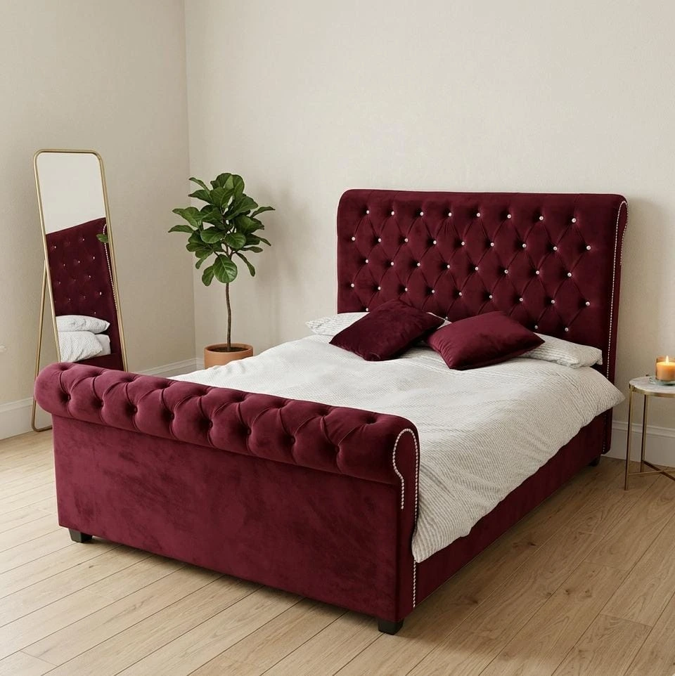 Maroon Chesterfield Sleigh Double Bed with Mattress - Beds furniture in UK