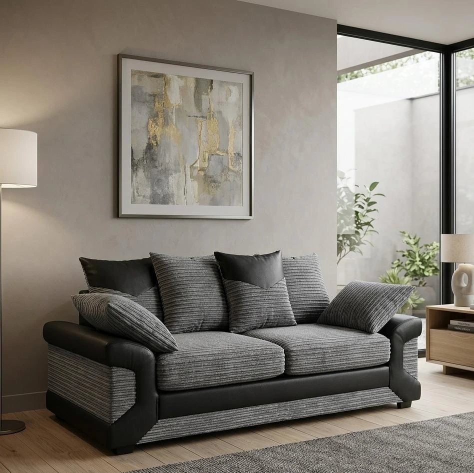 Dino 3-Seater Fabric Sofa with Scatter Back Cushions | Grey & Black Premium Couch - Sofas furniture in UK