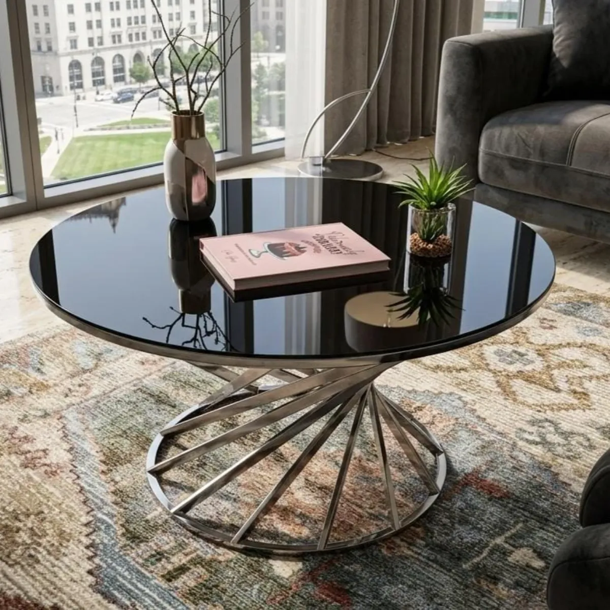 Luzzo Round Black Glass Coffee Table with Silver Twist Base - Coffee tables furniture in UK