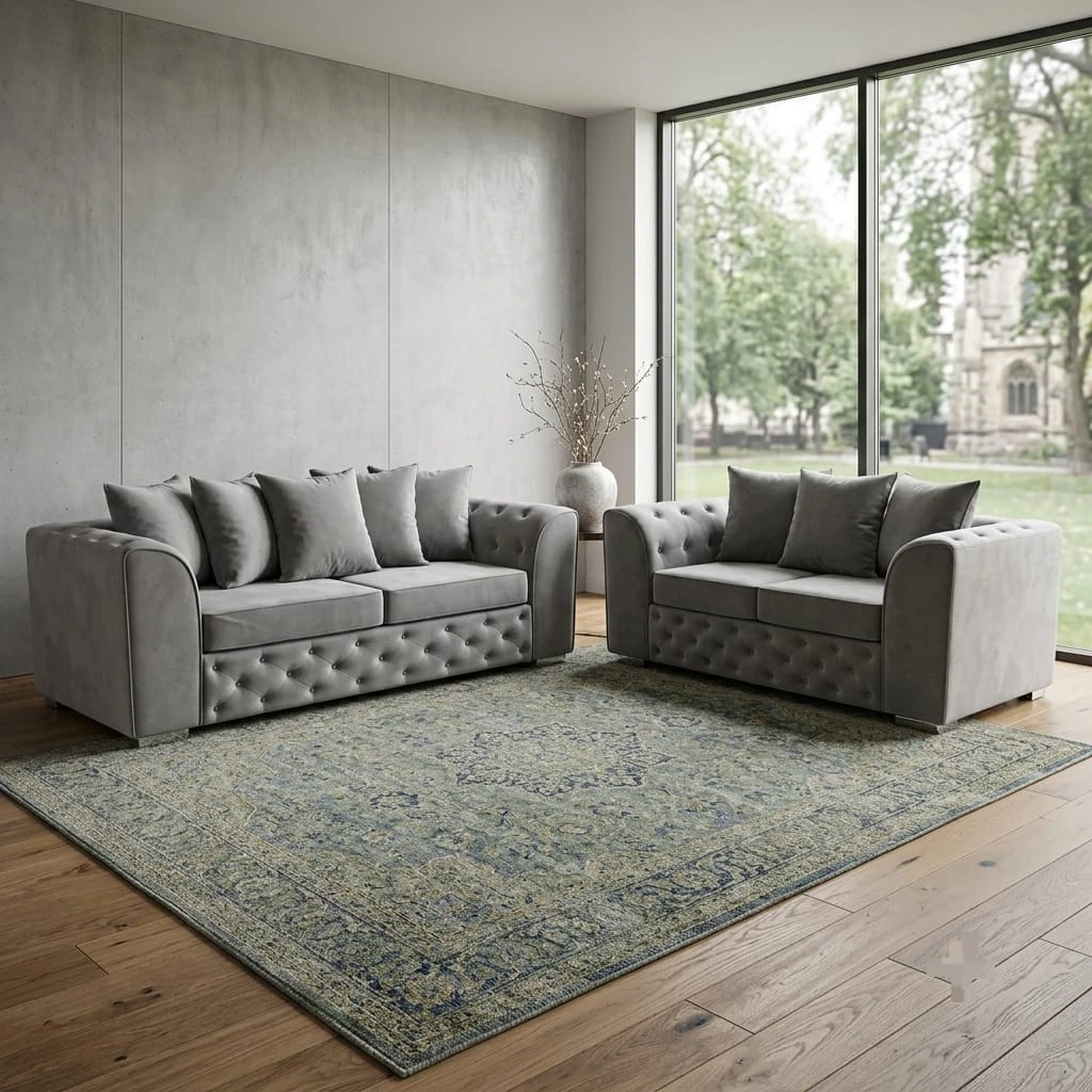 Malibu Luxury Grey Plush Velvet 3 and 2 Seater Sofa Set - Sofas furniture in UK