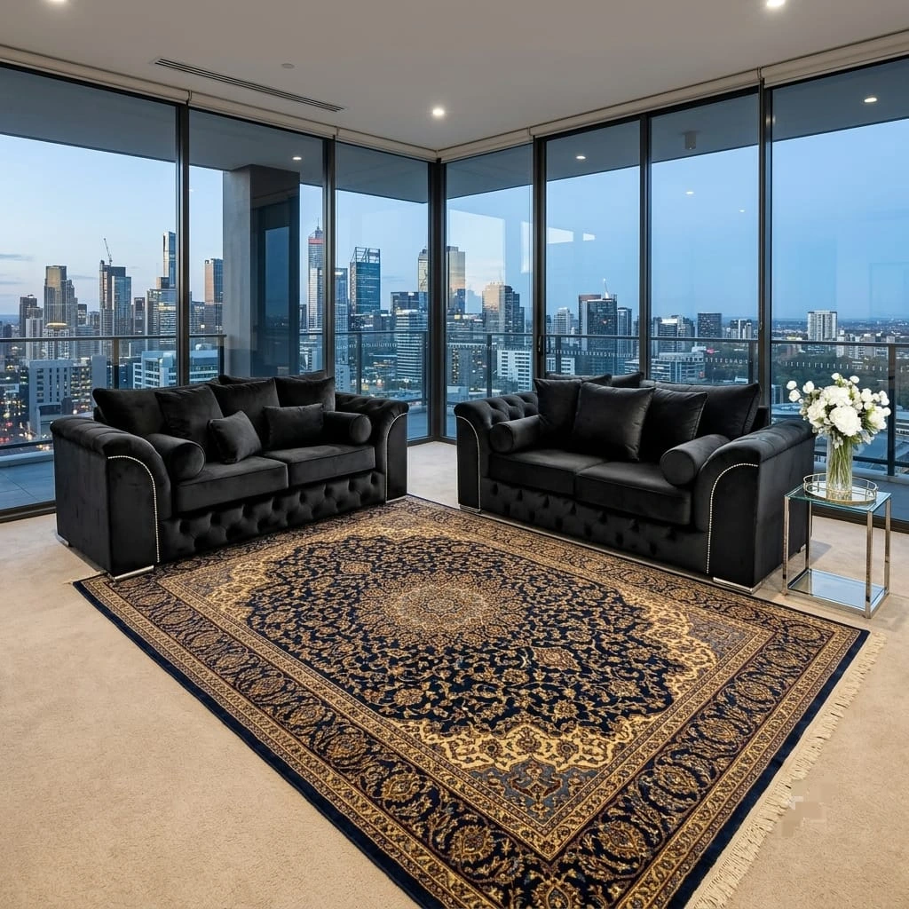 Malibu Luxury Black Plush Velvet 3 and 2 Seater Sofa Set - Sofas furniture in UK