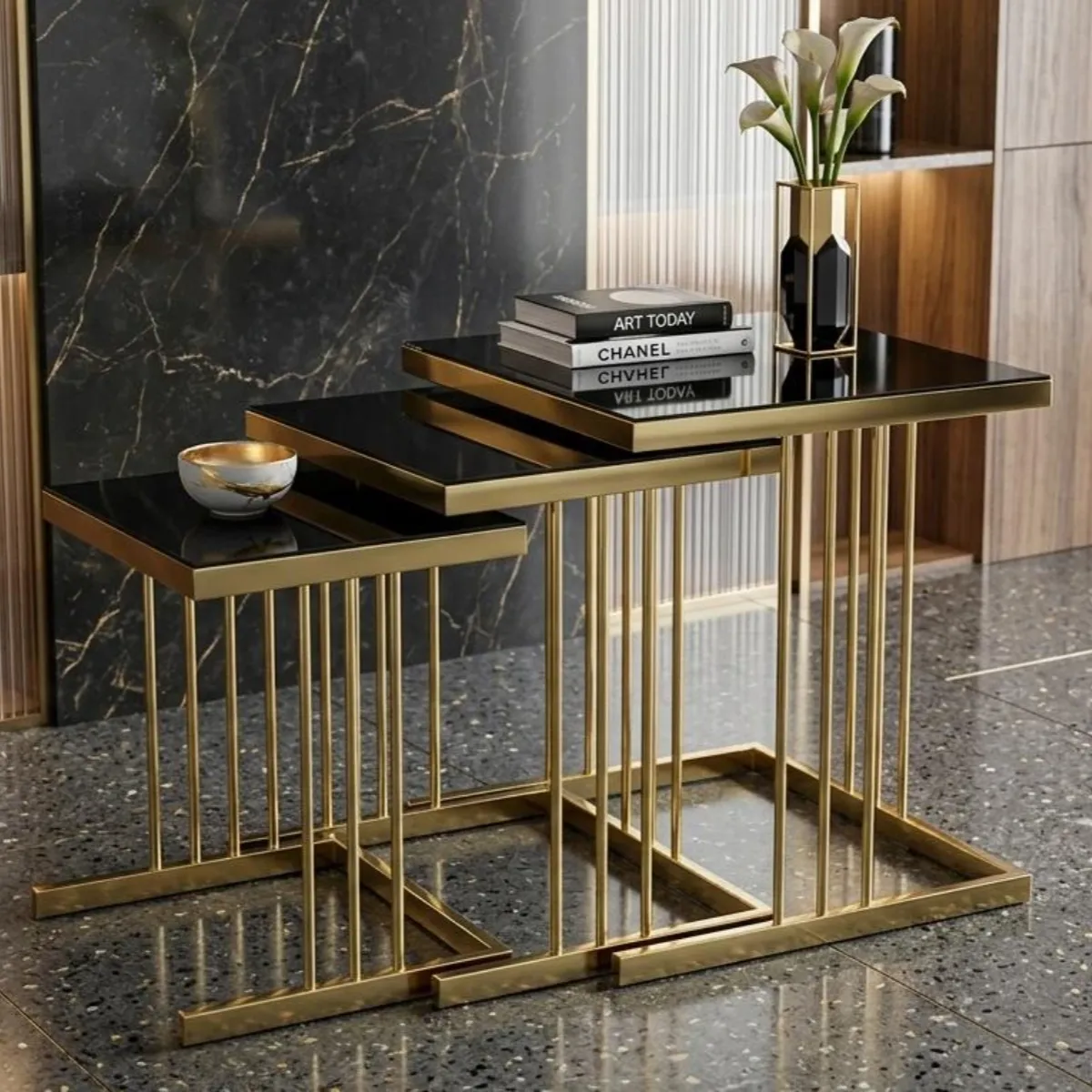 Carre Black Glass Nest of 3 Tables with Gold Frame - Coffee tables furniture in UK
