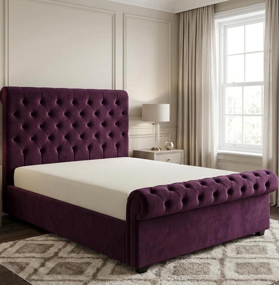 Purple Chesterfield Sleigh Double Bed with Mattress | 4ft6 Plum Fabric Bed Frame - Beds furniture in UK