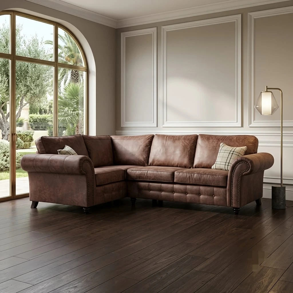 Oakland 4-Seater Left Arm Corner Sofa – Luxury Brown Leather-Look Finish - Sofas furniture in UK
