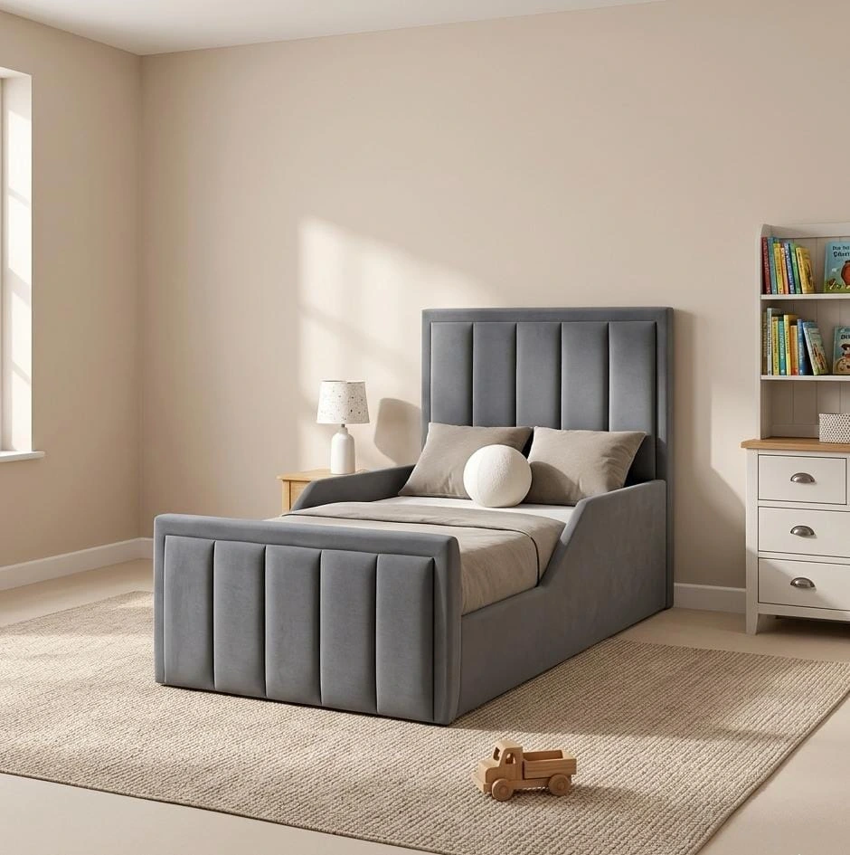 Grey Plush Velvet Florida Bumper Toddler Bed With Mattress - Beds furniture in UK