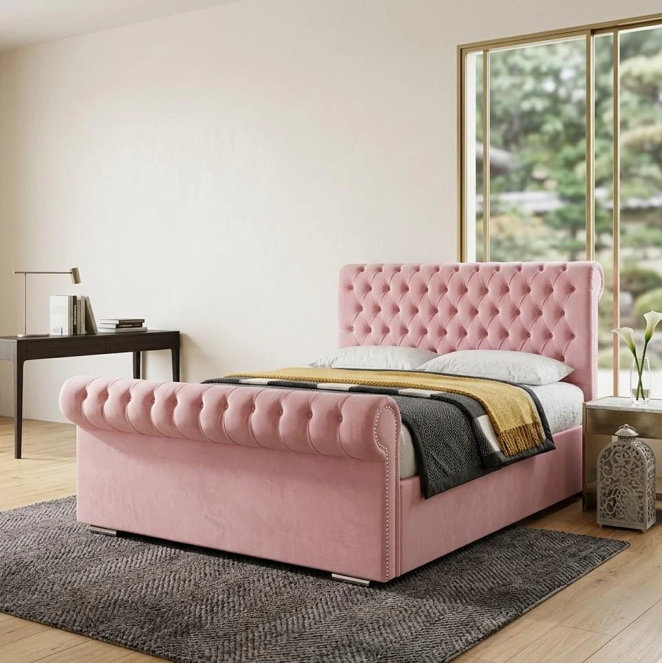 Pink Chesterfield Sleigh Double Bed with Mattress | 4ft6 Plush Fabric Bed Frame - Beds furniture in UK