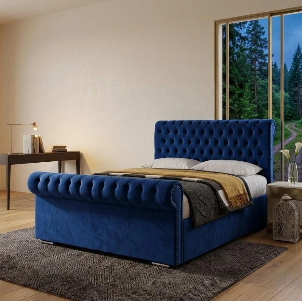 Royal Blue Sleigh Bed 4ft6 Double Frame with Mattress - Beds furniture in UK
