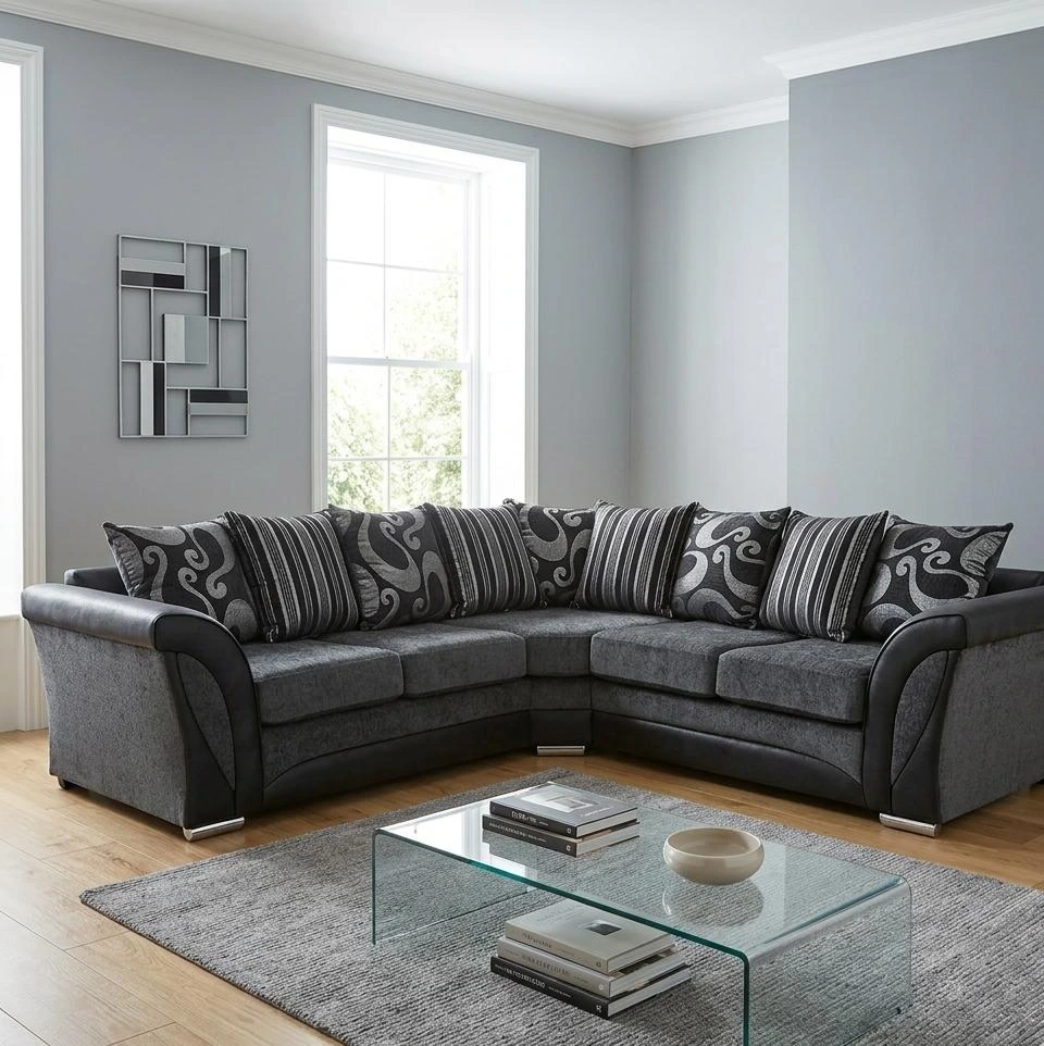 Shannon 5 Seater Corner Sofa – Premium Grey Fabric & Black Faux Leather - Sofas furniture in UK