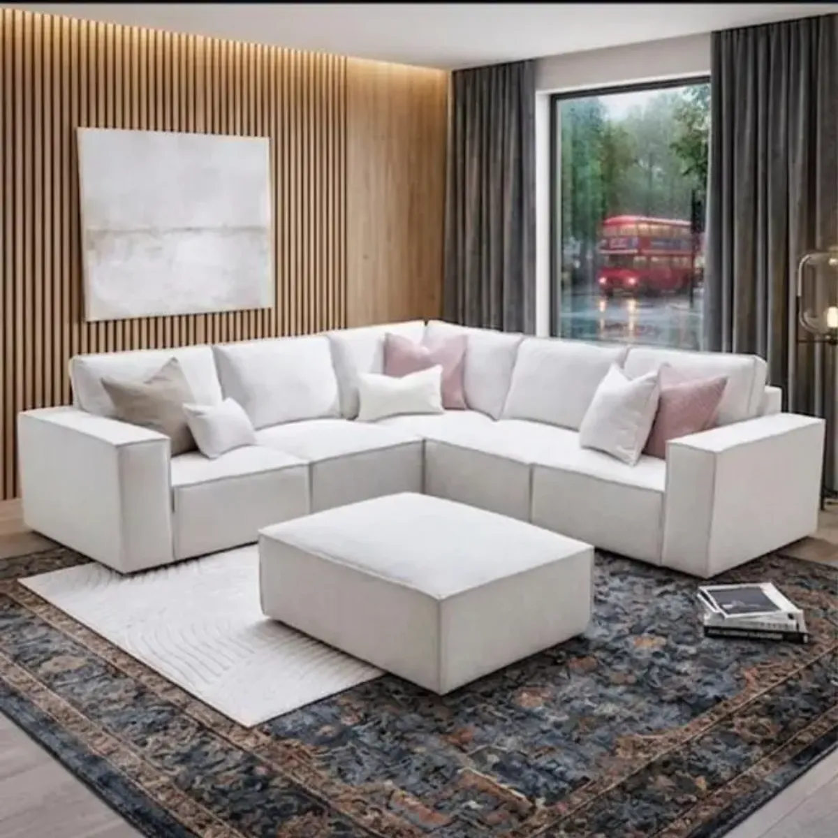 Salone Cream Velvet Symmetrical Corner Sofa with Matching Large Footstool — Modern L-Shape Design - Sofas furniture in UK