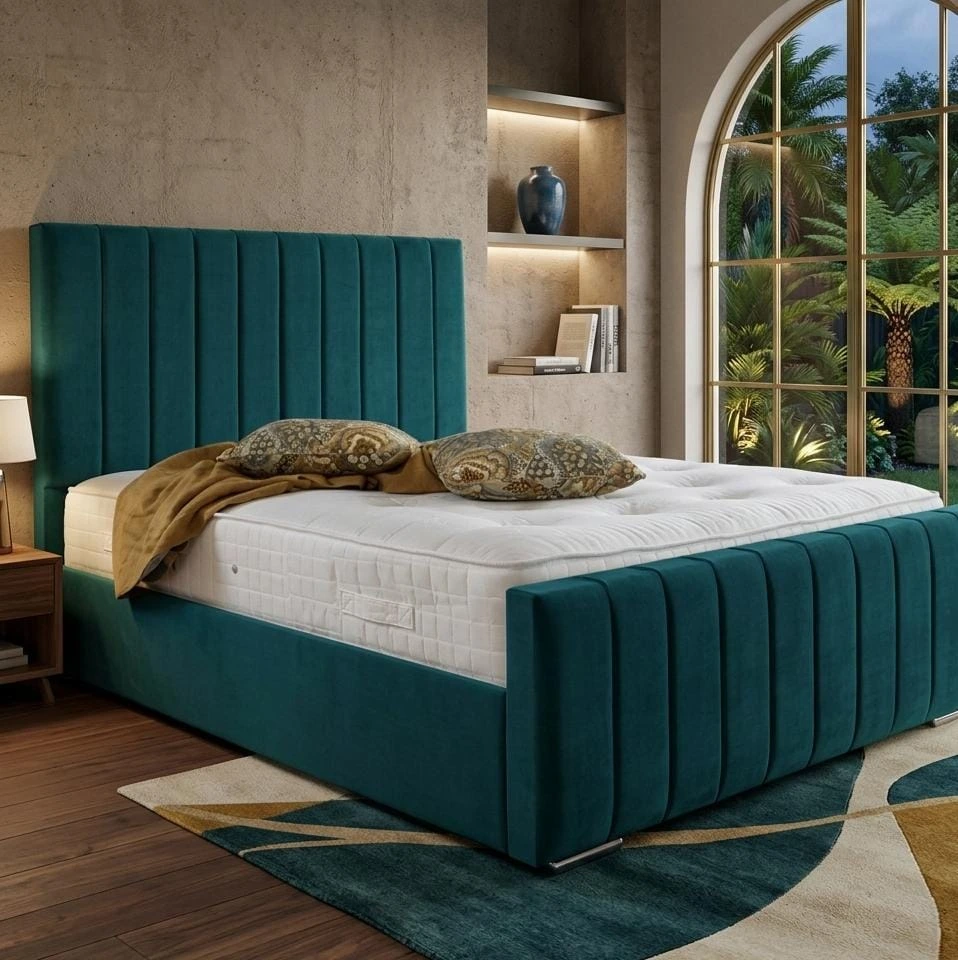 Double Green Plush Velvet Vertical Panel Bed Frame with Mattress - Beds furniture in UK