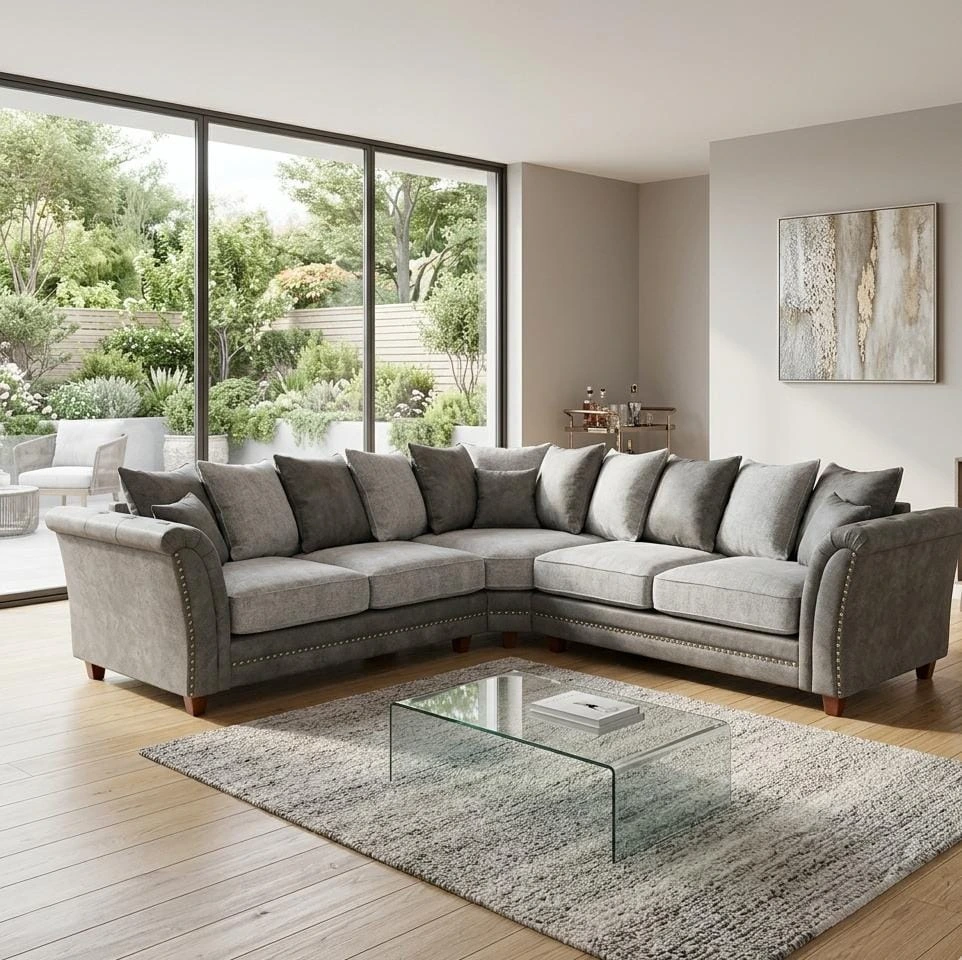 Harrison Grey and Silver Fabric 5 Seater Corner Sofa - Sofas furniture in UK