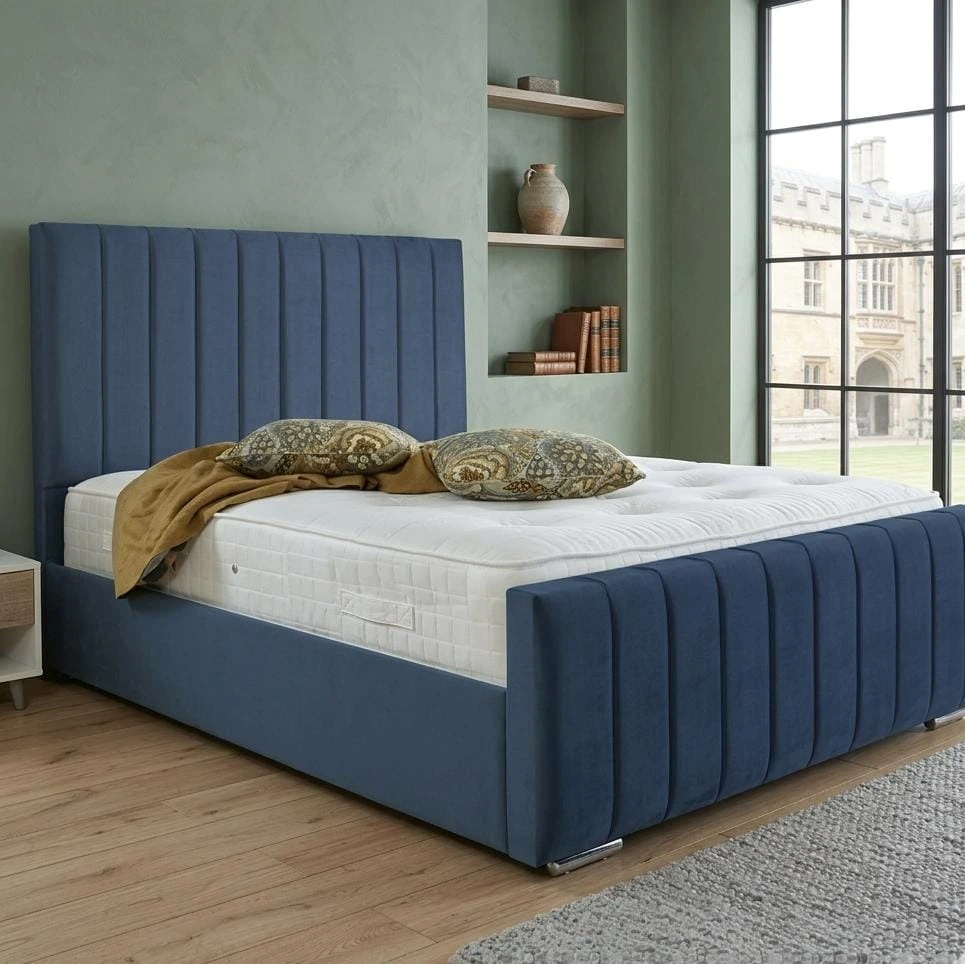 Double Blue Plush Velvet Vertical Panel Bed Frame with Mattress - Beds furniture in UK