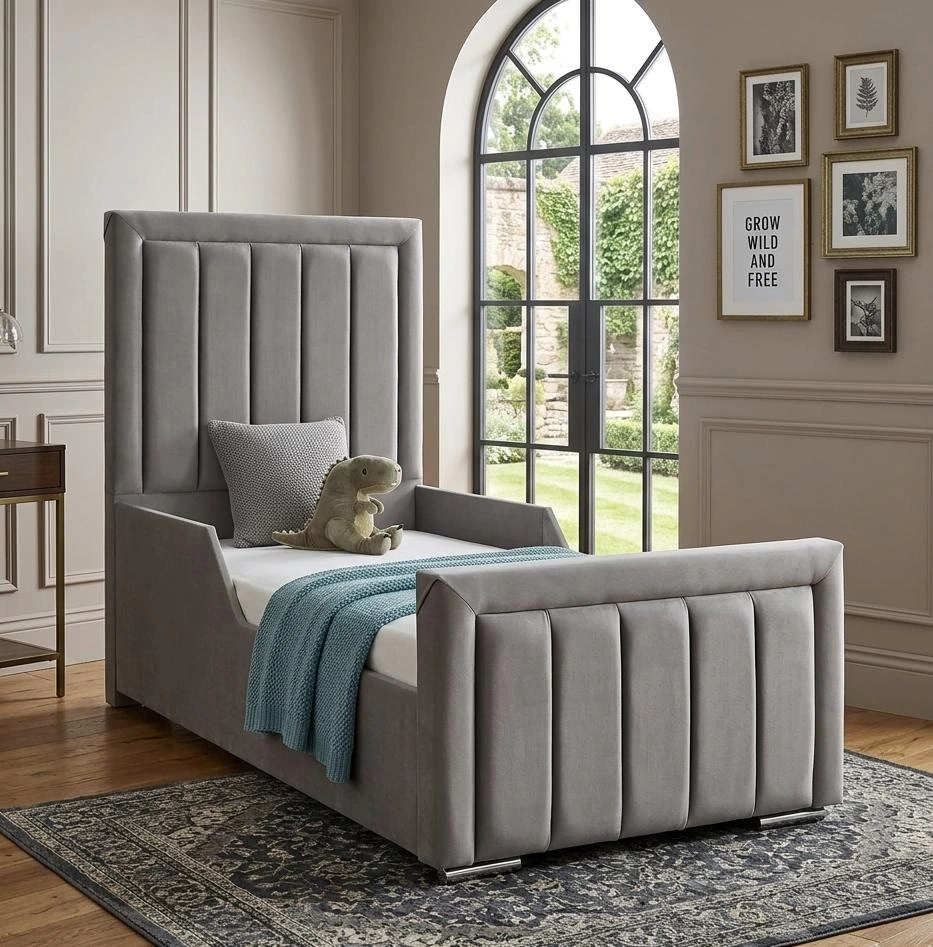 Grey Plush Velvet Bumper Line Toddler Bed With Mattress - Beds furniture in UK
