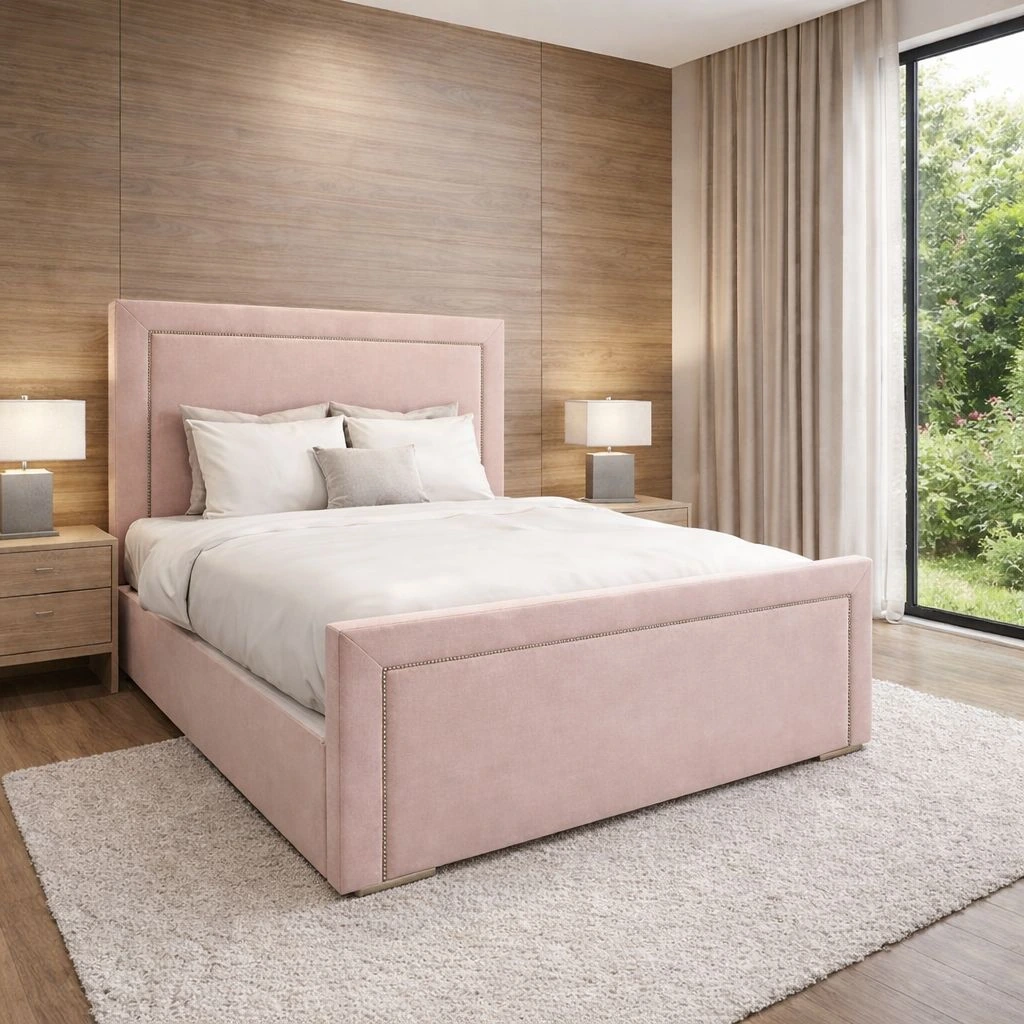 Chelsea Luxury Pink Upholstered Double Bed with Mattress Set - Beds furniture in UK