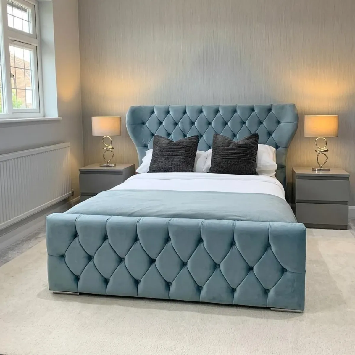 Double Size Oxford Wingback Chesterfield Bed with Mattress – Duck Egg - Beds furniture in UK