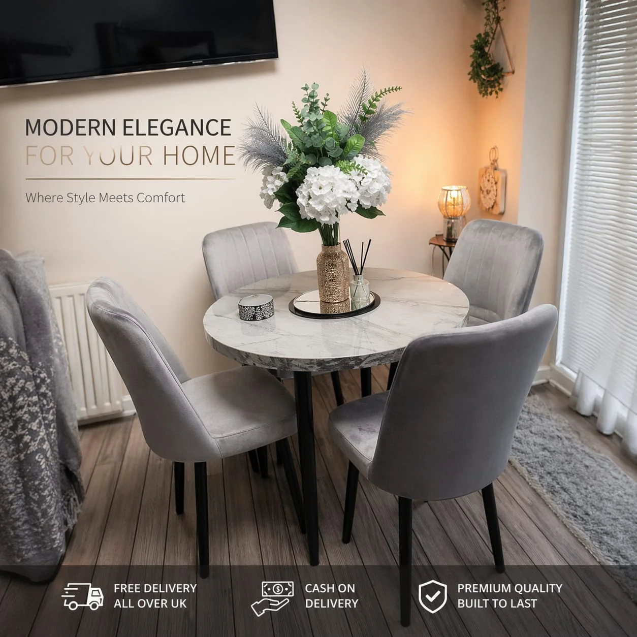 Round Marble Dining Table Set with 4 Grey Velvet Chairs – Compact Space Saver | Free UK Delivery & Cash on Delivery - Dining furniture in UK