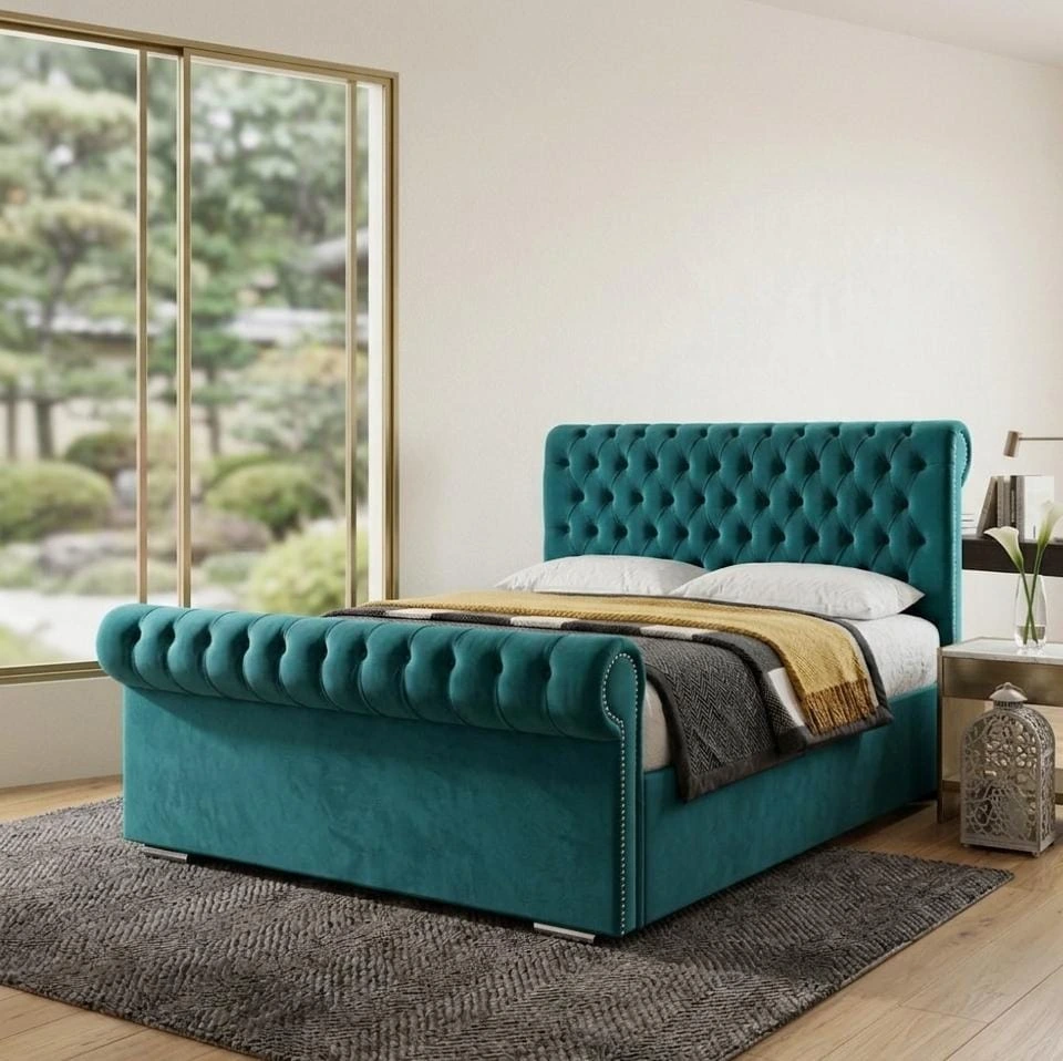 Chesterfield Sleigh Fabric Bed Frame with Orthopaedic Mattress - Beds furniture in UK