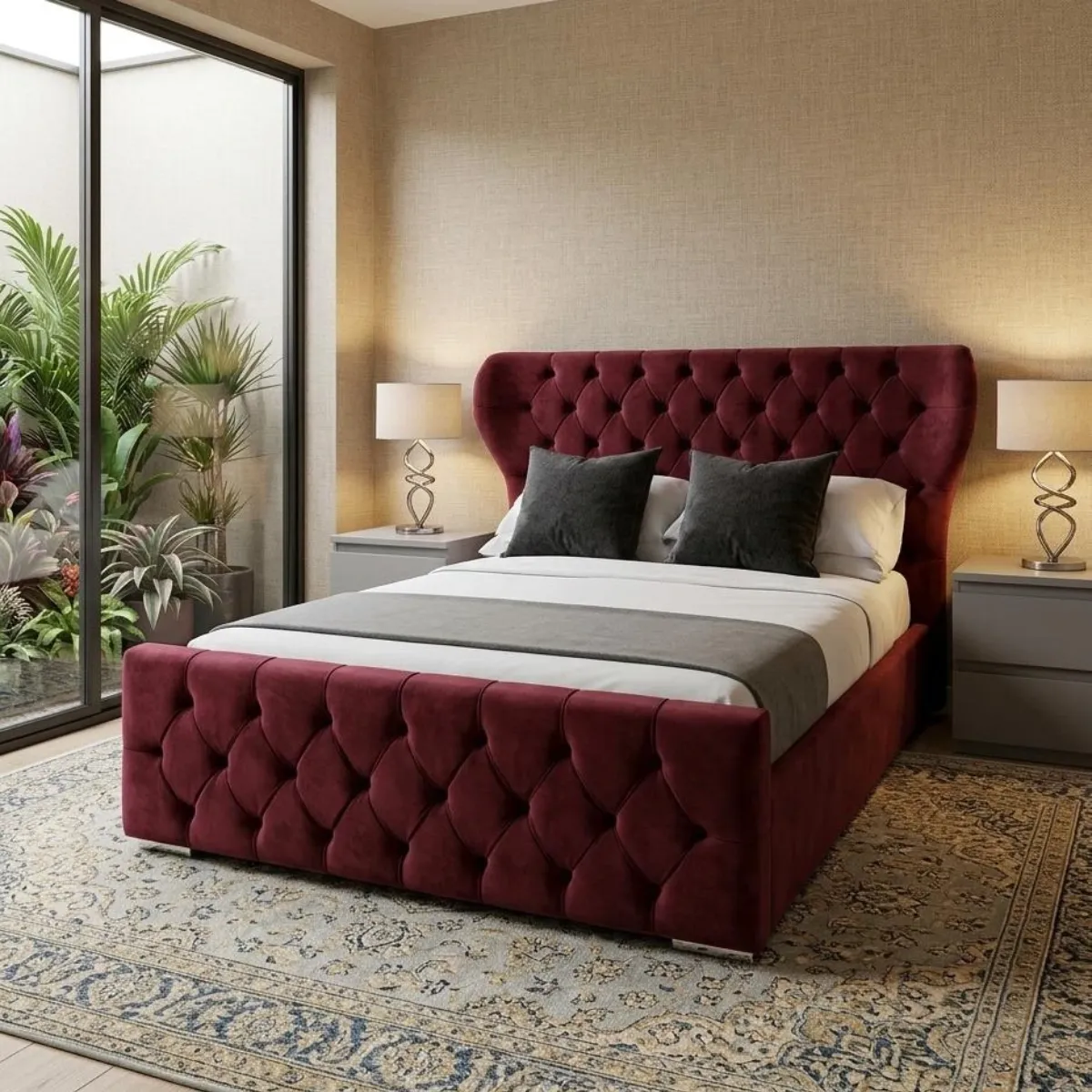 Double Size Oxford Wingback Chesterfield Bed with Mattress – Maroon - Beds furniture in UK