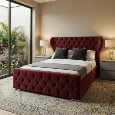Double Size Oxford Wingback Chesterfield Bed with Mattress in Maroon – wingback bed for the bedroom