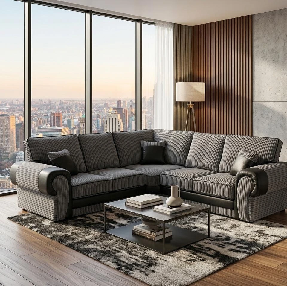 Tango High Back Corner Sofa 5-Seater | Charcoal Grey & Black Fabric Sectional Suite - Sofas furniture in UK
