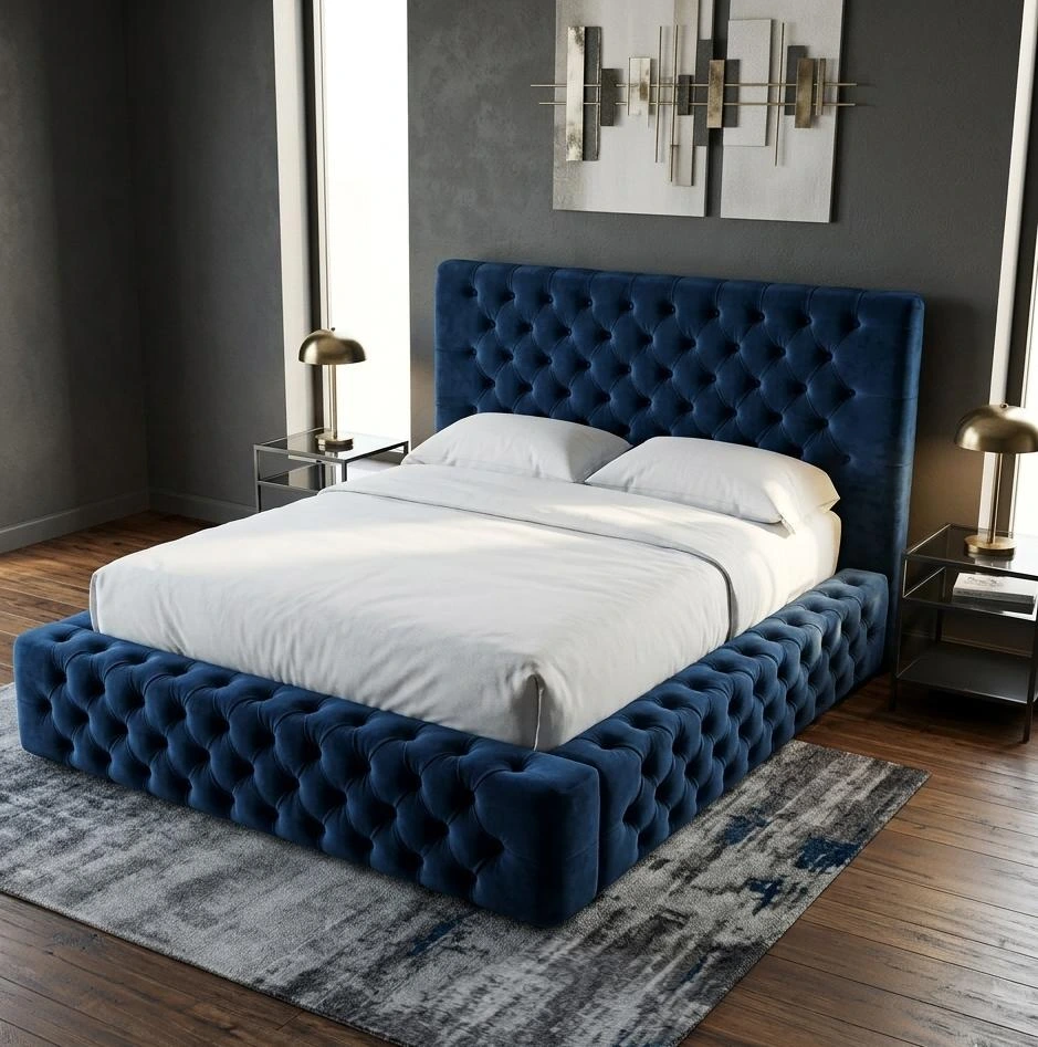Luxury Double Ambassador Chesterfield Velvet Bed Frame with Mattress - Royal Blue - Beds furniture in UK