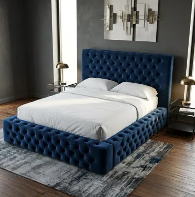 Luxury Double Ambassador Chesterfield Bed with Mattress in Blue – wingback bed for the bedroom