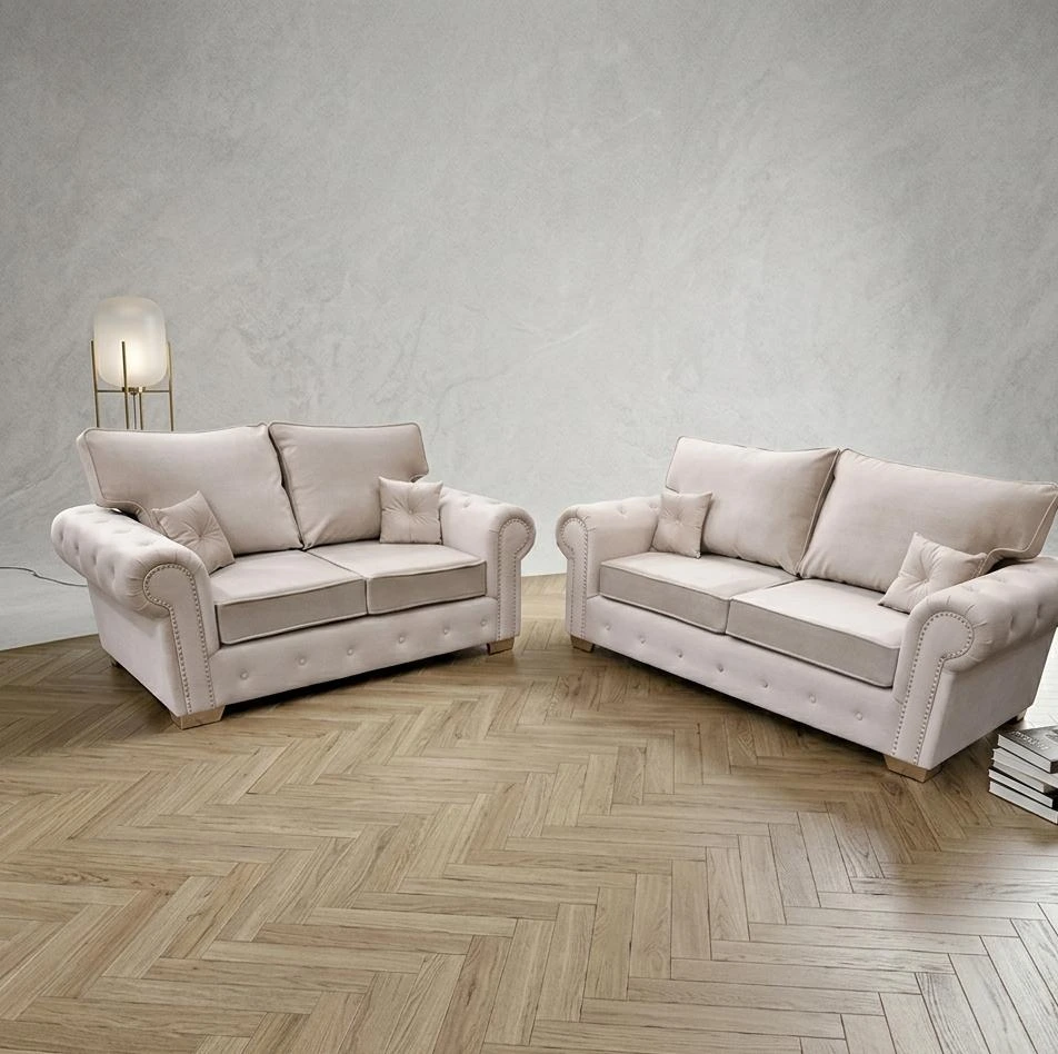 Olympia Highback 3 and 2 Seater Sofa Set – Premium Cream Velvet with Studded Detail - Sofas furniture in UK