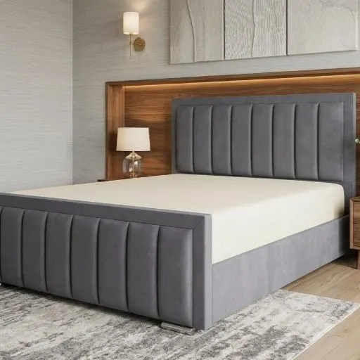 Double Size Grey Velvet Vertical Line Bumper Bed with Mattress - Beds furniture in UK