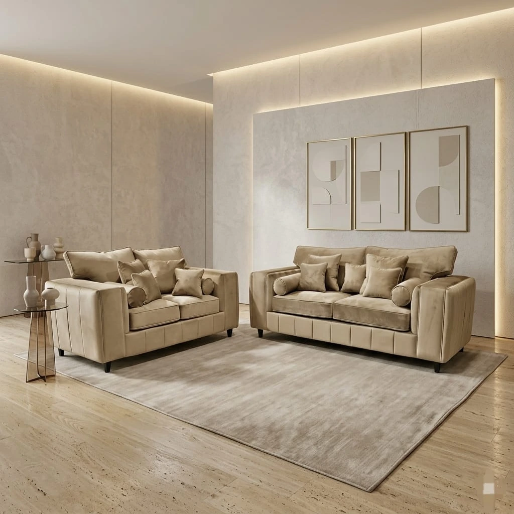 Alaska Luxury 3 and 2 Seater Beige Velvet Sofa Set High Back Fabric Settee Suite with Linear Base - Sofas furniture in UK