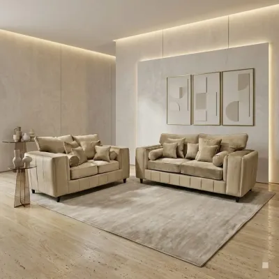 Alaska Luxury 3 and 2 Seater Beige Velvet Sofa Set High Back Fabric Settee Suite with Linear Base – 3+2 sofa set for the living room