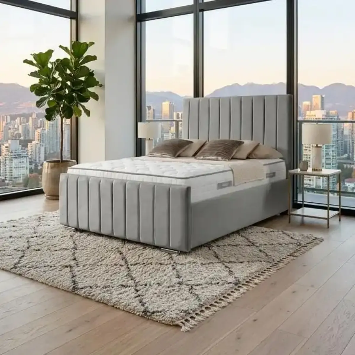 Grey Velvet Vertical Panel Double Bed with Mattress | Luxury Padded Bed Frame - Beds furniture in UK