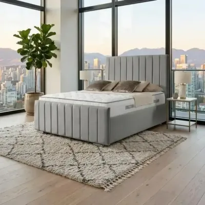 Grey Velvet Vertical Panel Double Bed with Mattress – panel bed for the bedroom