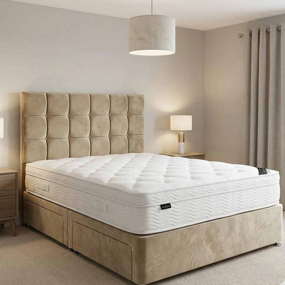 Beige Plush Velvet Double Divan Bed Set with Premium Mattress and Headboard - Beds furniture in UK