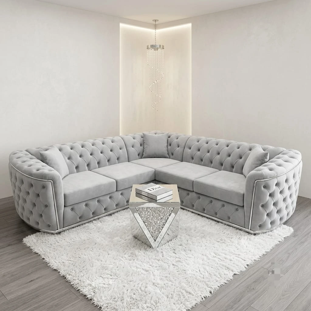 Torento Luxury Silver Fabric Corner Sofa with Deep Button Tufting and Elegant Chrome Trim Detailing | Sofas | UK