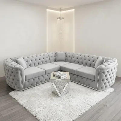 Torento Luxury Silver Fabric Corner Sofa with Deep Button Tufting and Elegant Chrome Trim Detailing – corner sofa for the living room